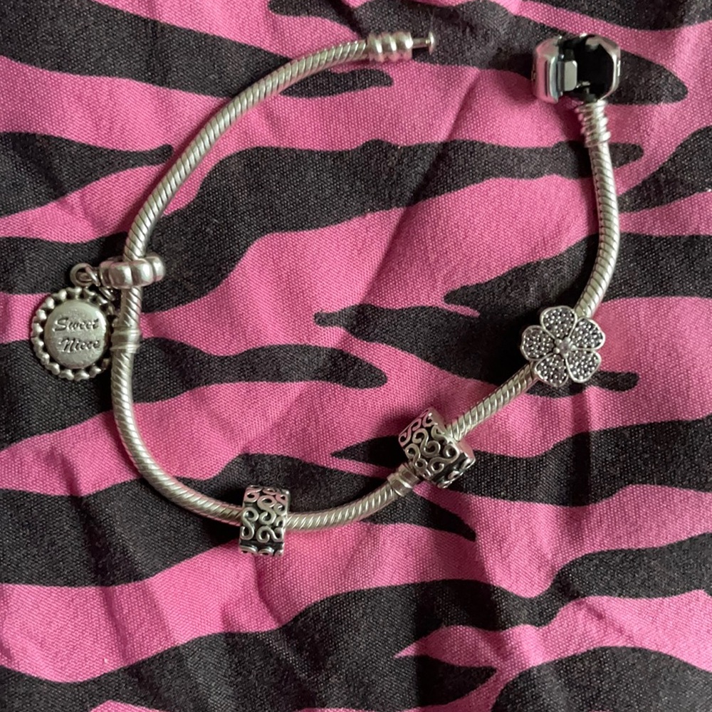 Pandora bracelet with 2 clips and 2 charms